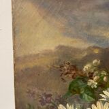Tableau ancien, nature morte aux roses pâquerettes et fleurs sauvages, signé, début XX siècle