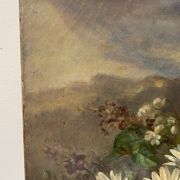Old painting, still life with daisy roses and wild flowers, signed, early XX century