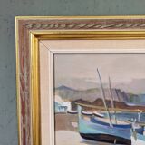 Mid-Century Modern Swedish "Calm Shore" Vintage Coastal Oil Painting, Framed