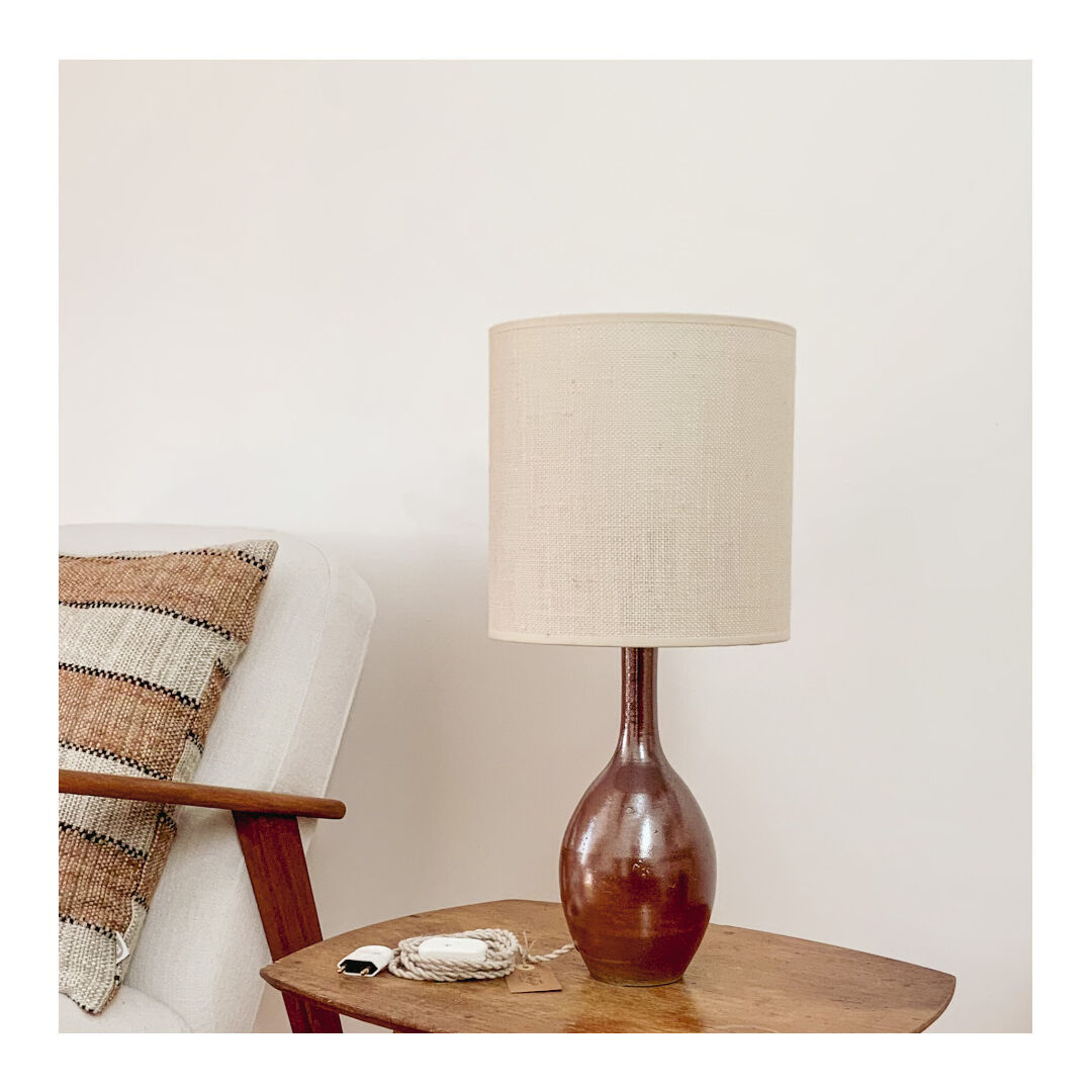 Lampe grès et jute tissée écrue