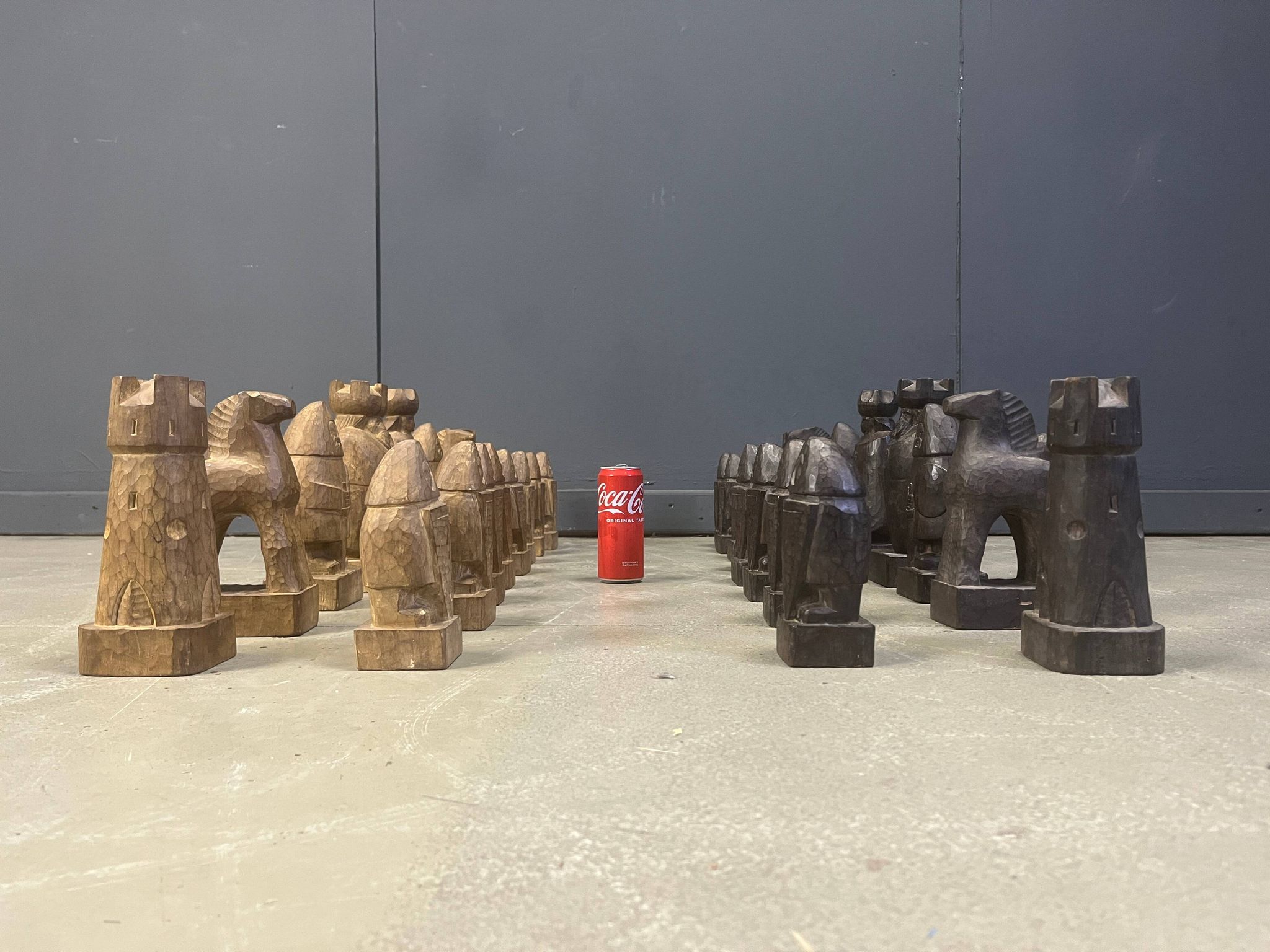 Large hand crafted wooden chess figure set, 1960s