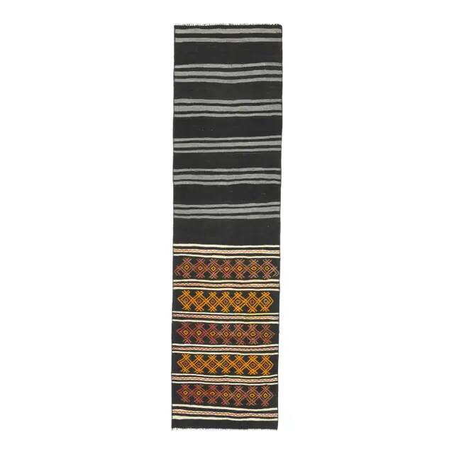 1970s Turkish Oushak Handmade Wool Cotton Black Runner Rug 63x246