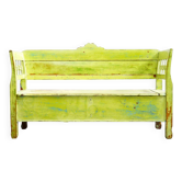 Banc ancien en pin peint multicolore, long 180 cm, dossier haut, peinture d'origine