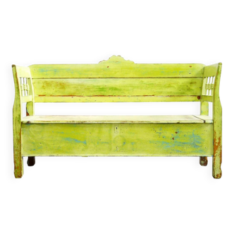 Old painted pine bench in multicolour, 180 cm long, high back, original paint.