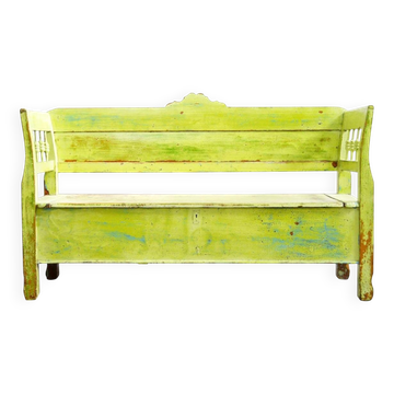 Old painted pine bench in multicolour, 180 cm long, high back, original paint.