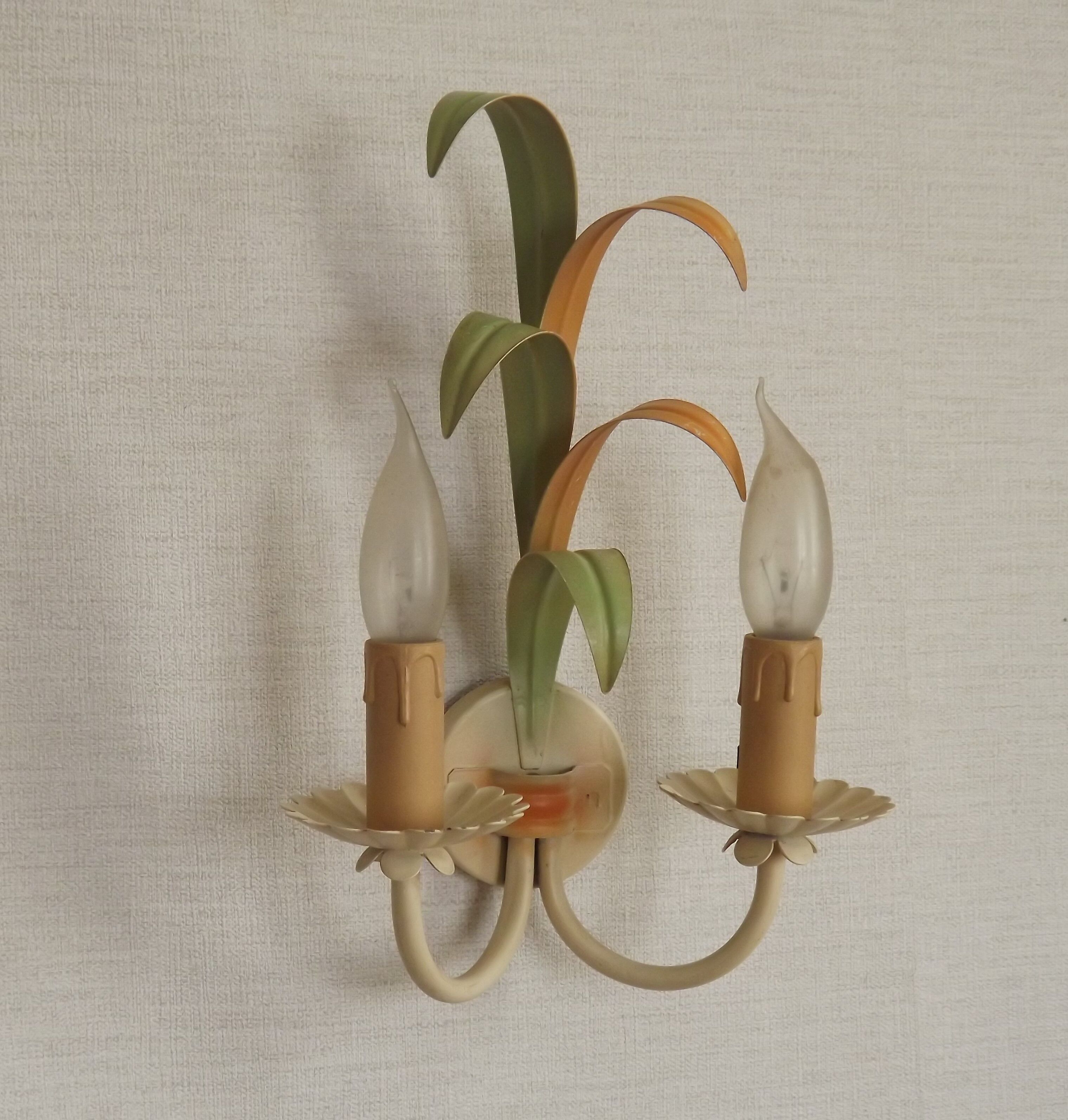 French vintage metal double wall light with peach and green leaves.