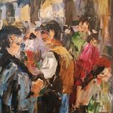 Oil painting on canvas "fish market" 70s canvas 70x50 cm signed