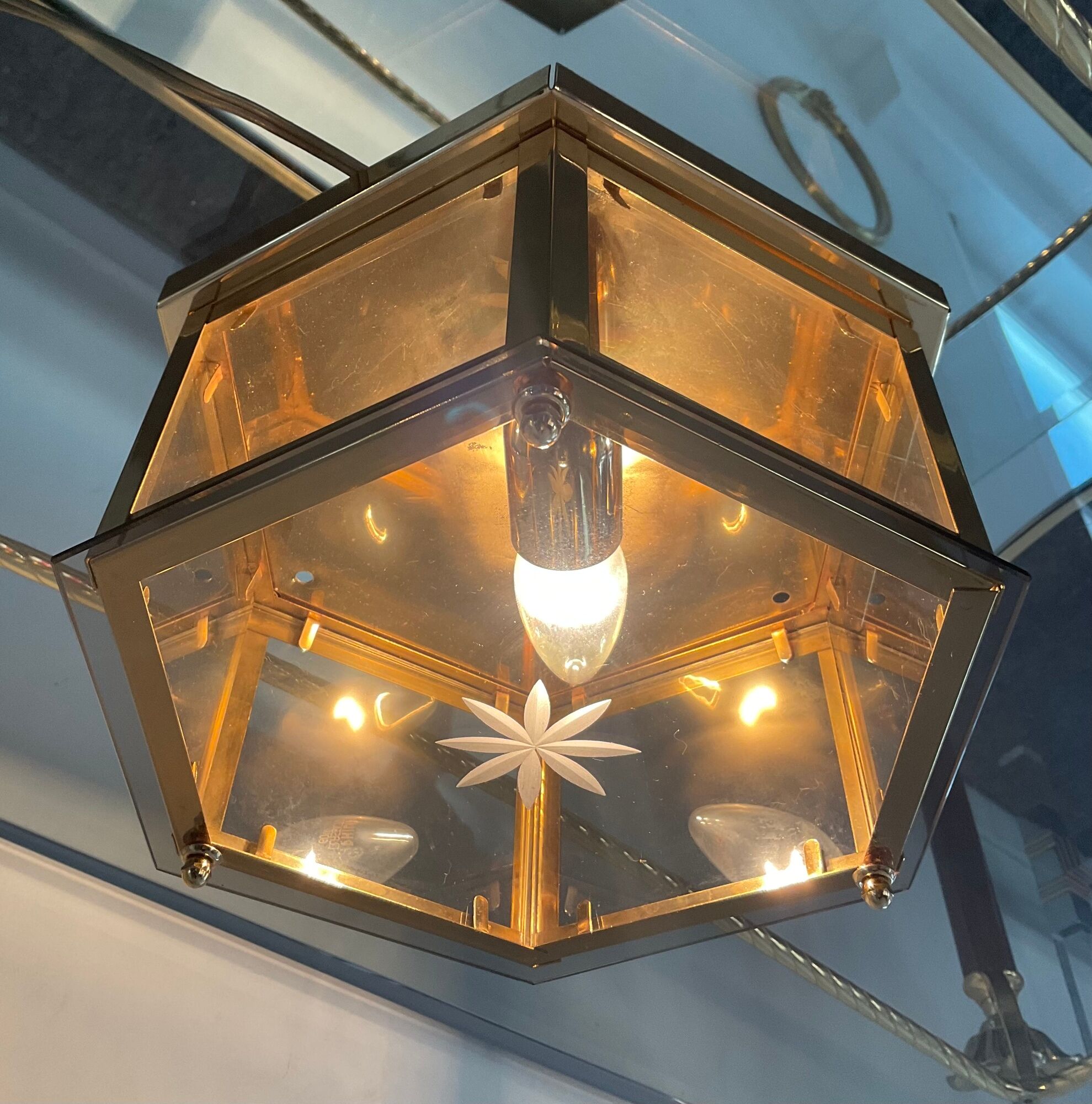 Vintage ceiling lamp in brass and smoked glass