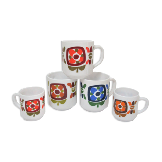 Three mugs and two cups decoration flowers design Jean-Charles Meunier 70s