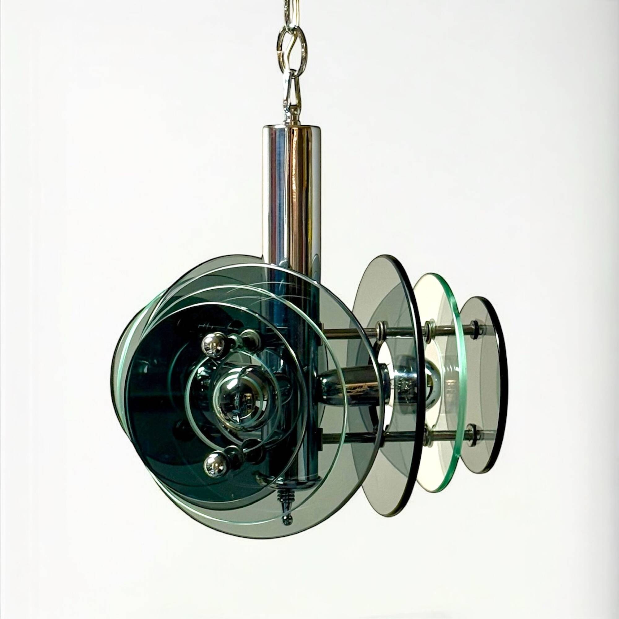 Large Space Age Pendant Lamp VECA in Chrome Metal and Glass, 1970s
