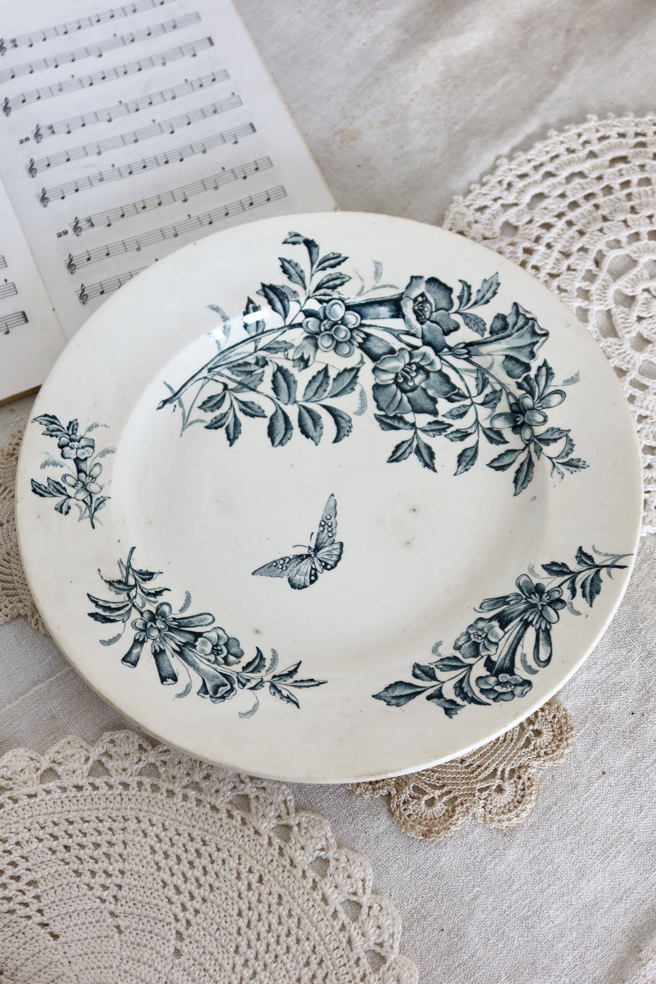 Antique Badonviller Jasmin earthenware serving platter with floral and butterfly decoration