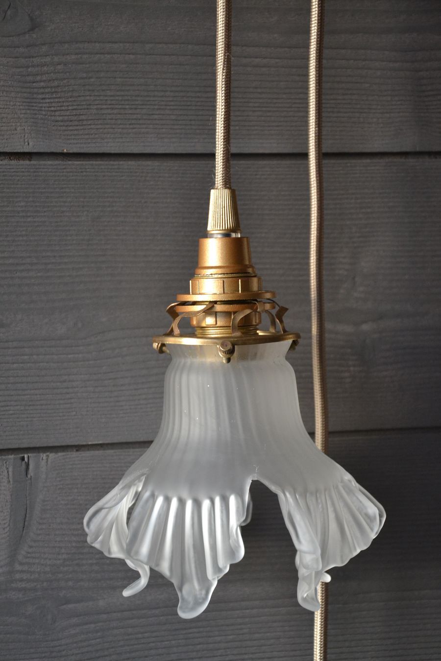 Frosted glass deco stroller, floral art deco walking lamp - beige cord