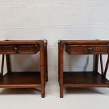 Pair of wooden bedside tables, bamboo and canning