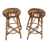 Paire de tabourets de bar bambou & rotin