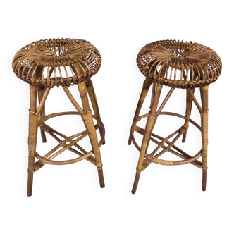 Paire de tabourets de bar bambou & rotin