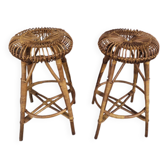 Pair of bamboo & rattan bar stools