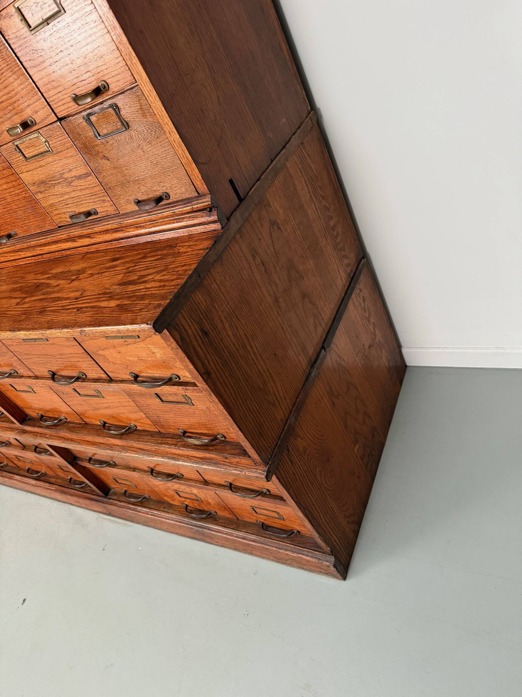 Antique very large American oak grain / apothecary cabinet, ca 1900