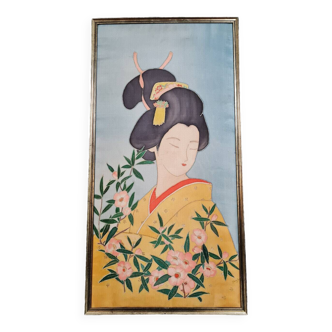 Oil on silk / Japan early 20th century / representation of a geisha in golden frame