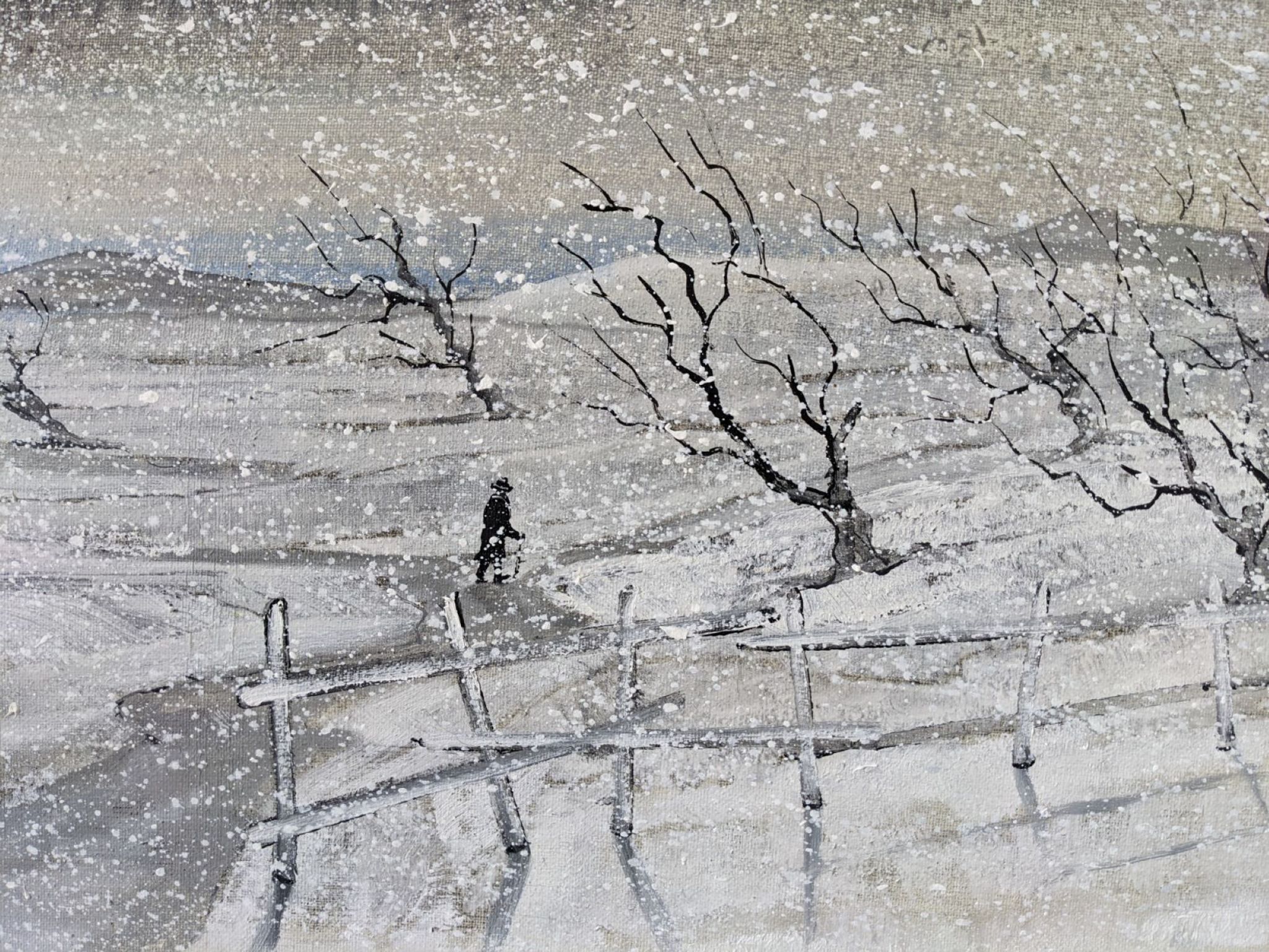 Mid-Century Modern Swedish "Snowfall" Vintage Winter Landscape Oil Painting, Framed