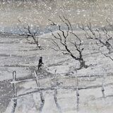 Mid-Century Modern Swedish "Snowfall" Vintage Winter Landscape Oil Painting, Framed