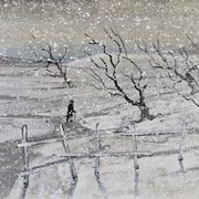Mid-Century Modern Swedish "Snowfall" Vintage Winter Landscape Oil Painting, Framed