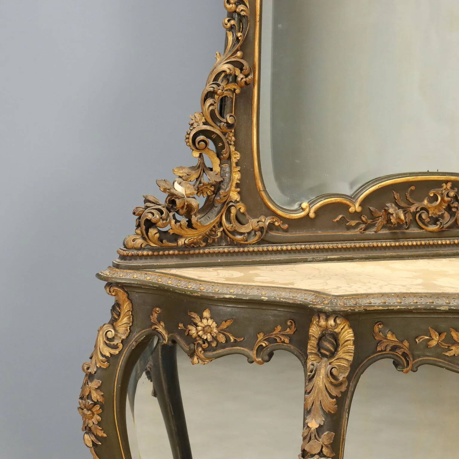 Ancient baroque console with a wooden mirror, Italy, late 19th century.