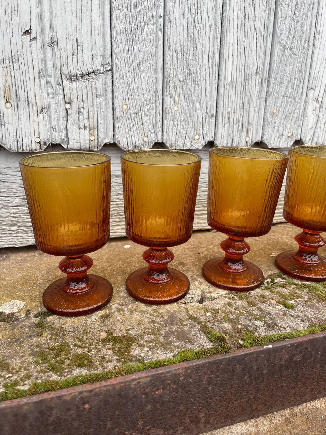 8 vintage amber moulded glass glasses