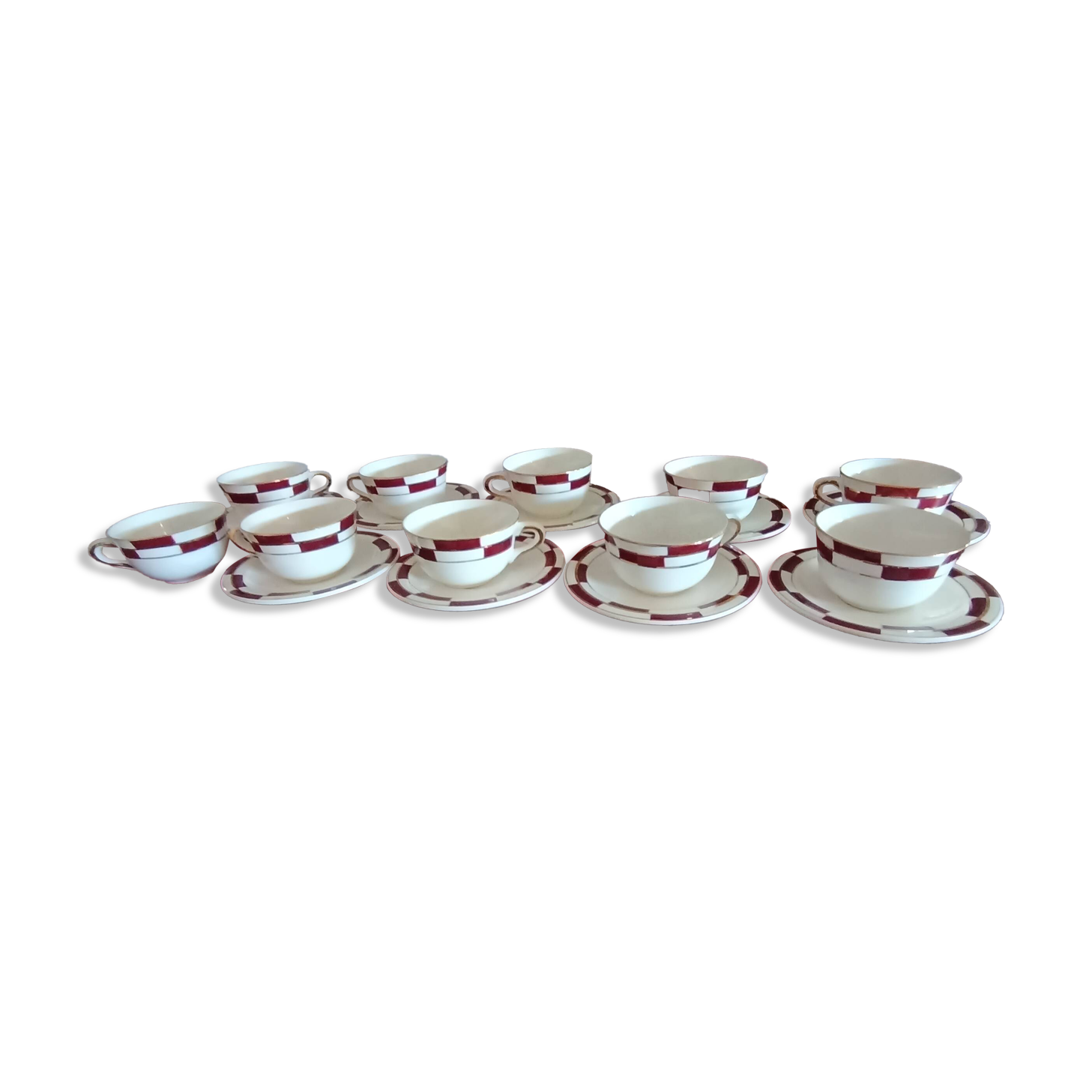 10 vintage coffee cups and 9 saucers, Salins earthenware, 1950