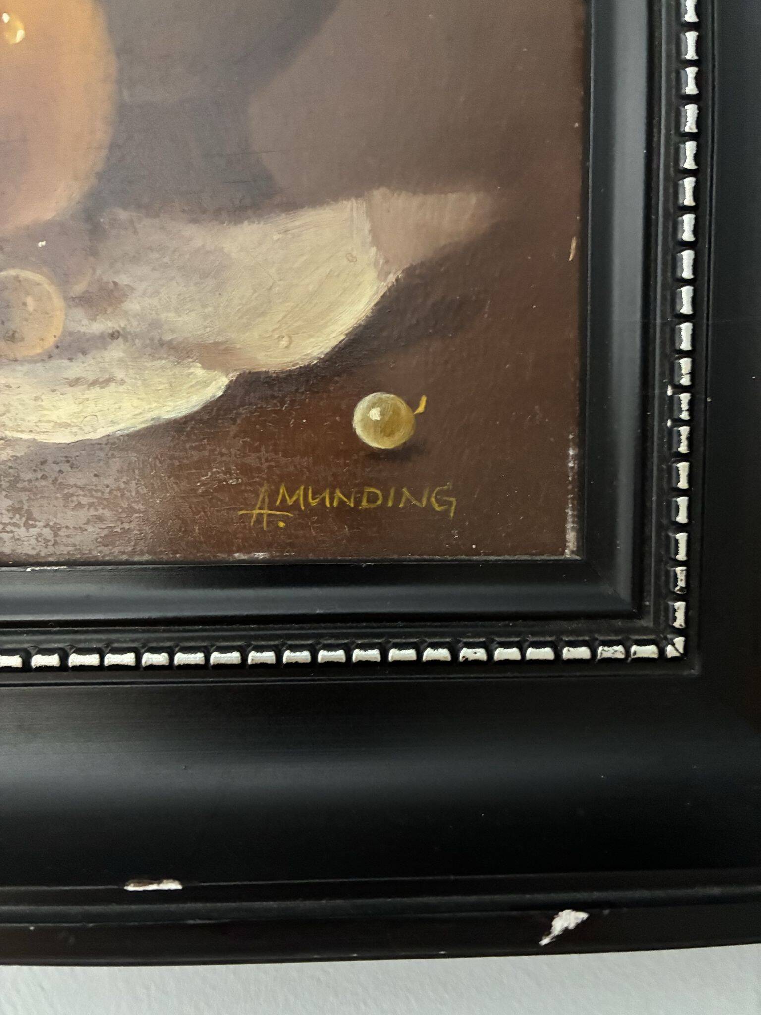 Still life oil painting on wood, signed A. Munding, black frame