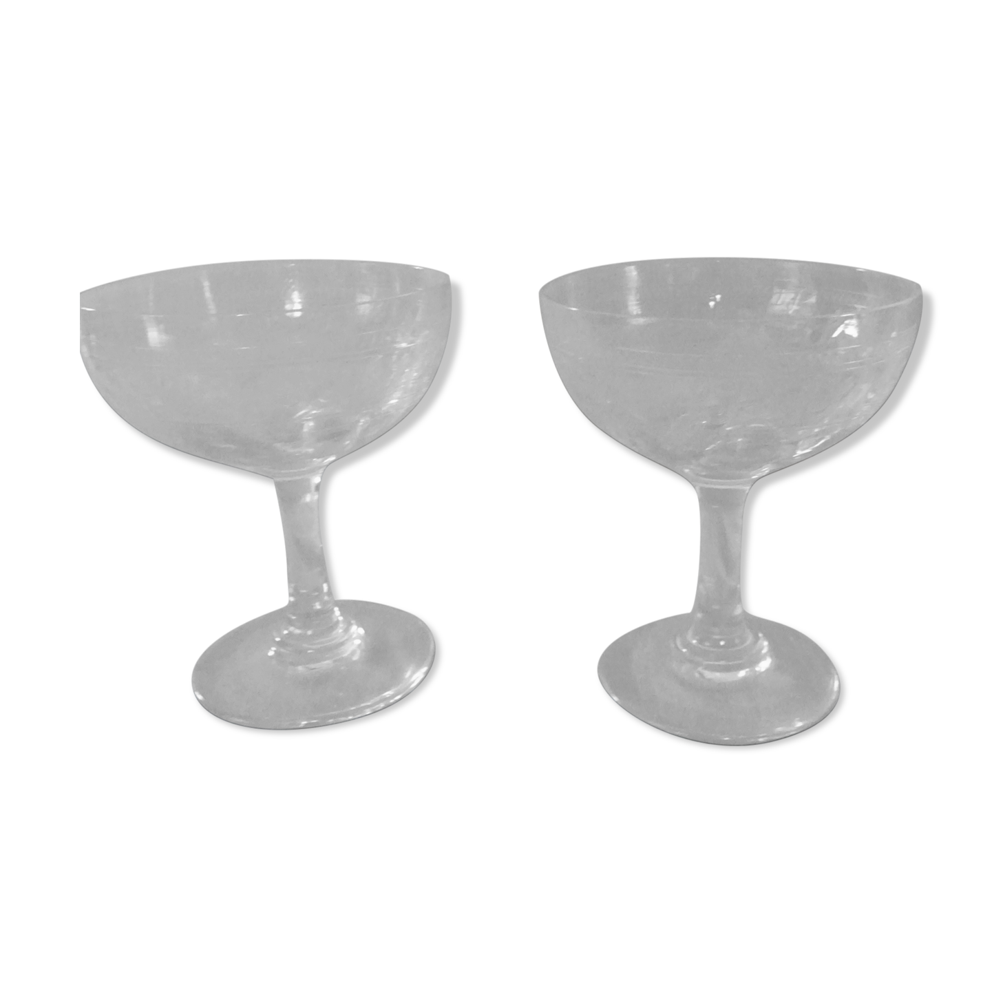 Pair of old crystal champagne glasses wide frieze right foot