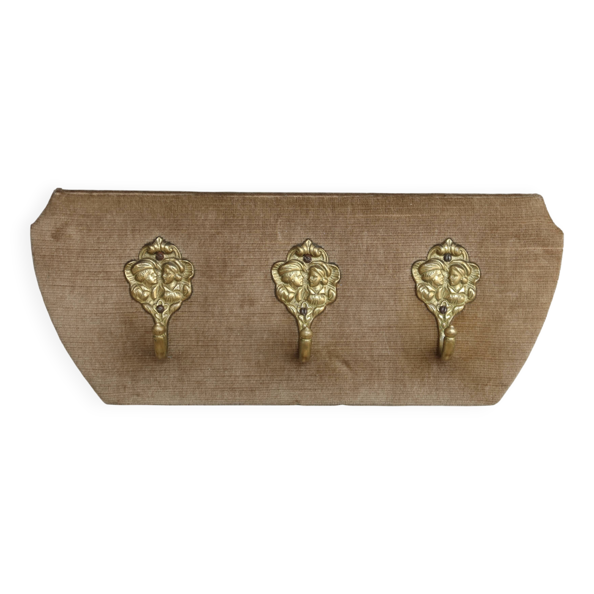 Vintage velvet coat rack with brass hooks