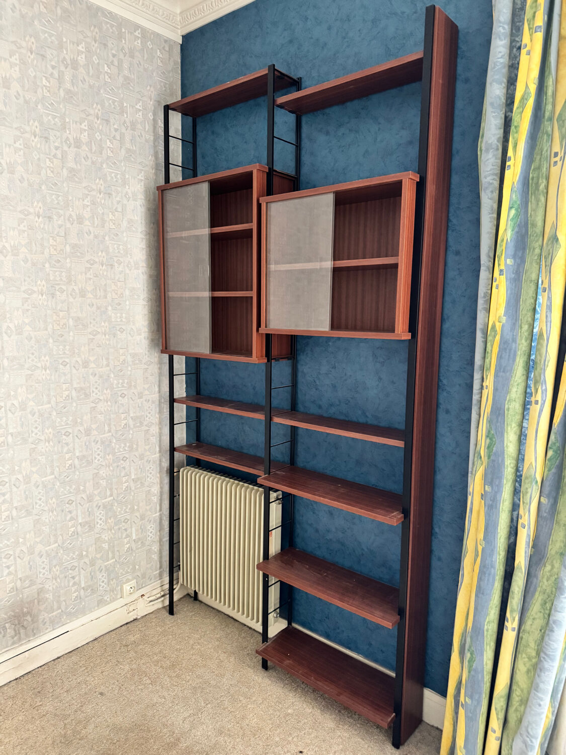 Scandinavian modular library shelves - lacquered mahogany metal 1970