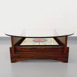 Vintage 60s-70s round coffee table with 2 shelves in glass and rosewood