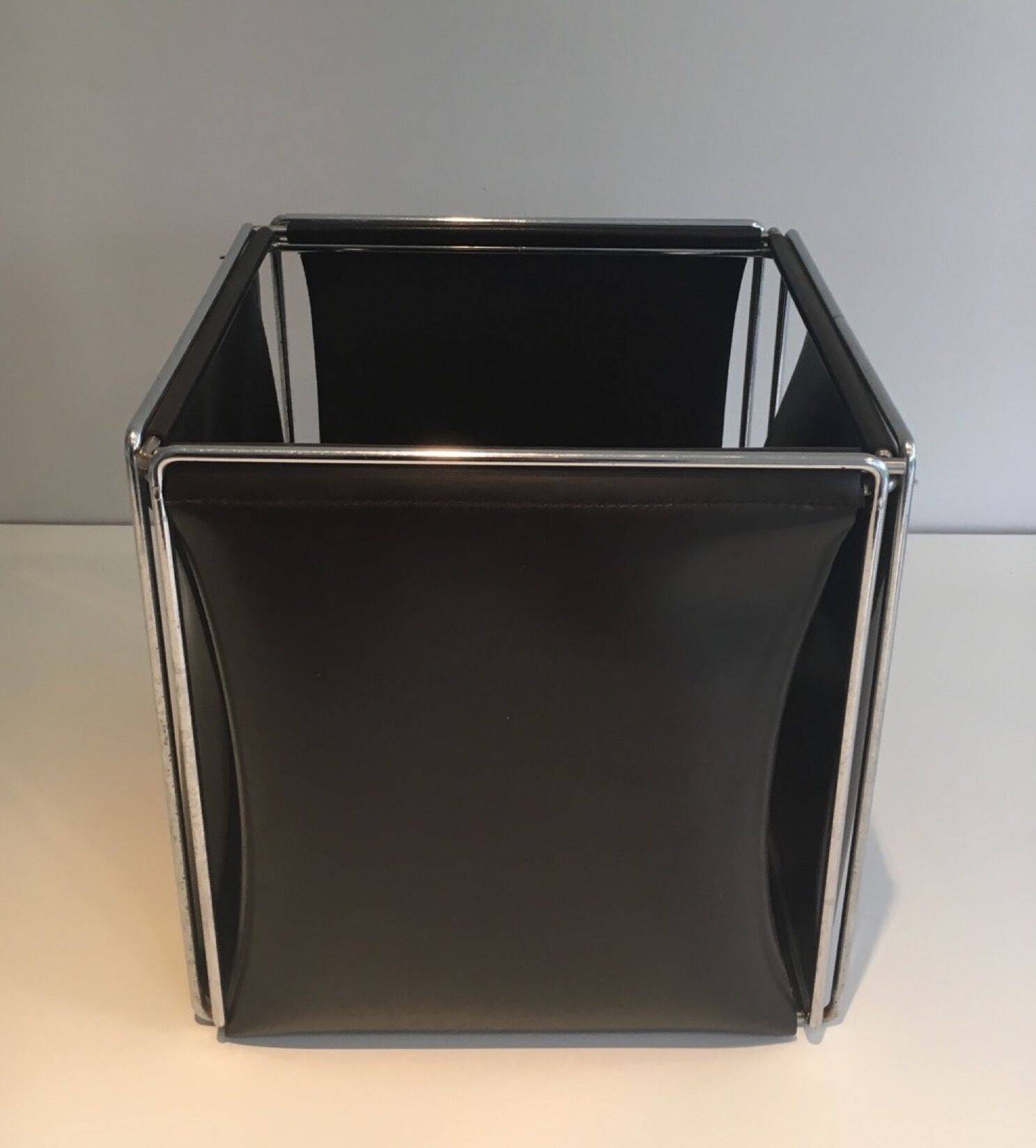 Chrome and faux leather wastepaper basket