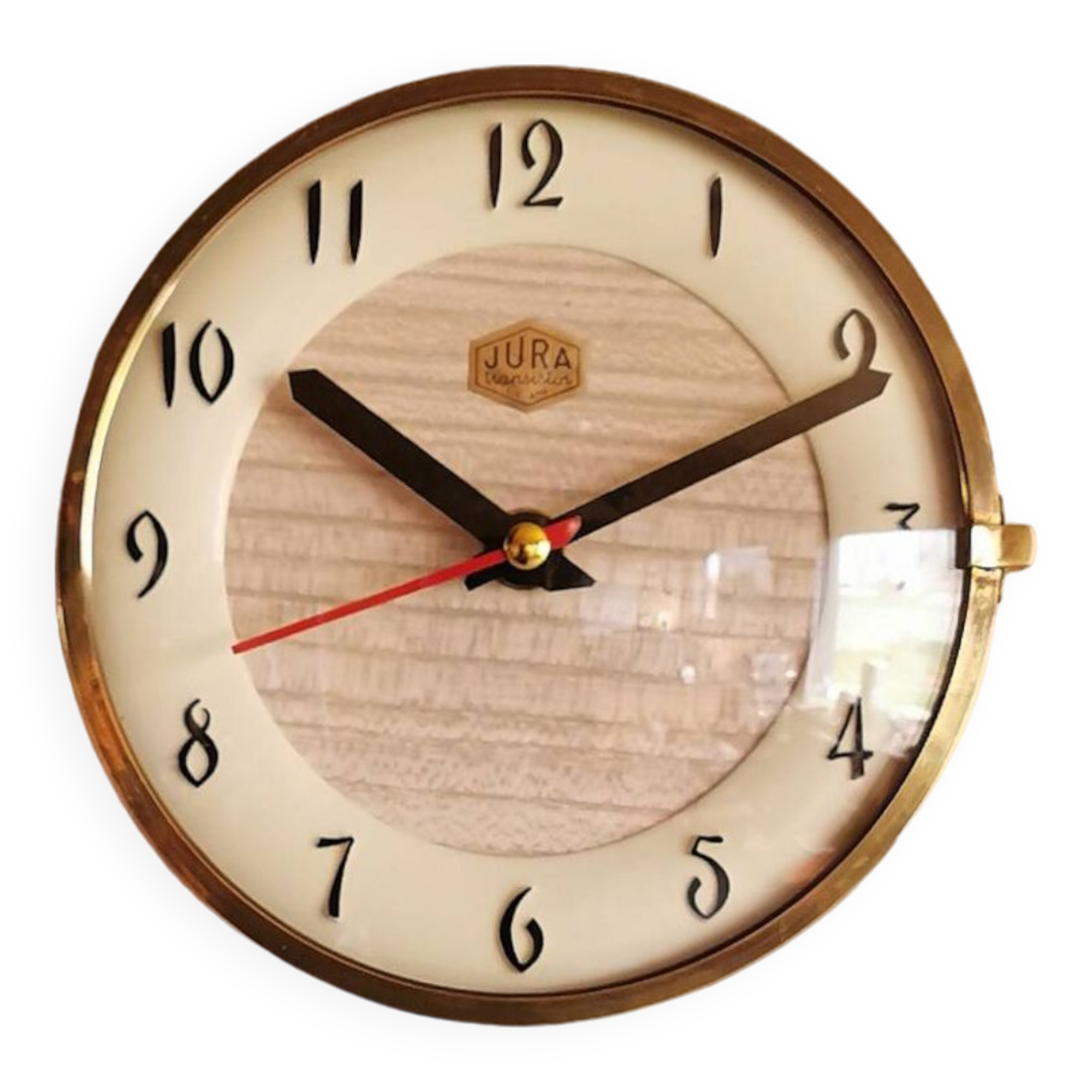 Vintage formica clock silent asymmetrical wall pendulum "Jura bois"