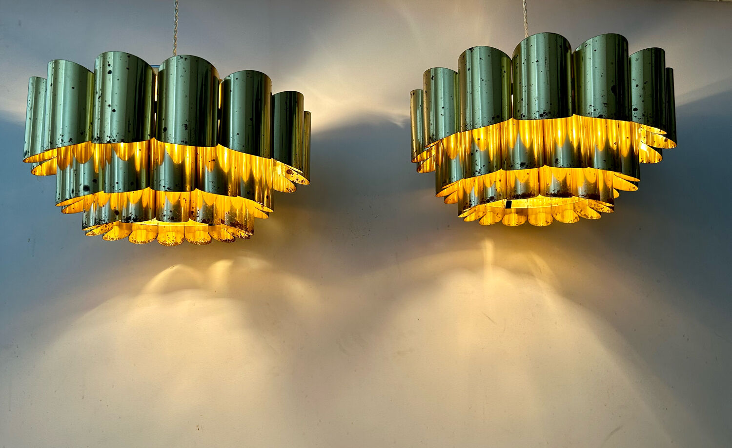 Pair of pendant lamps vintage Thorsten Orrling,solid brass, Suede 1960