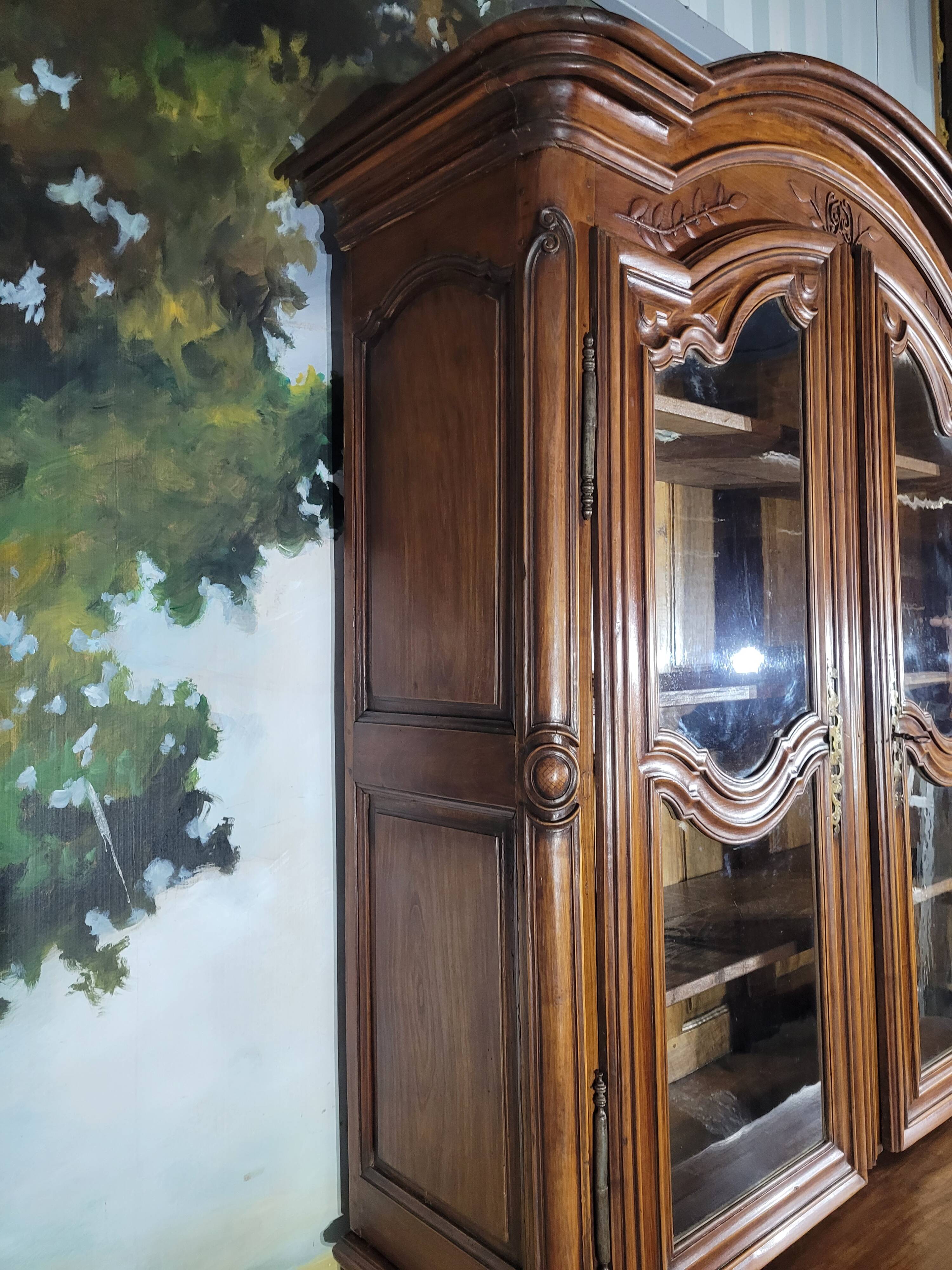 Louis XV period cherry wood sideboard with two glass panels