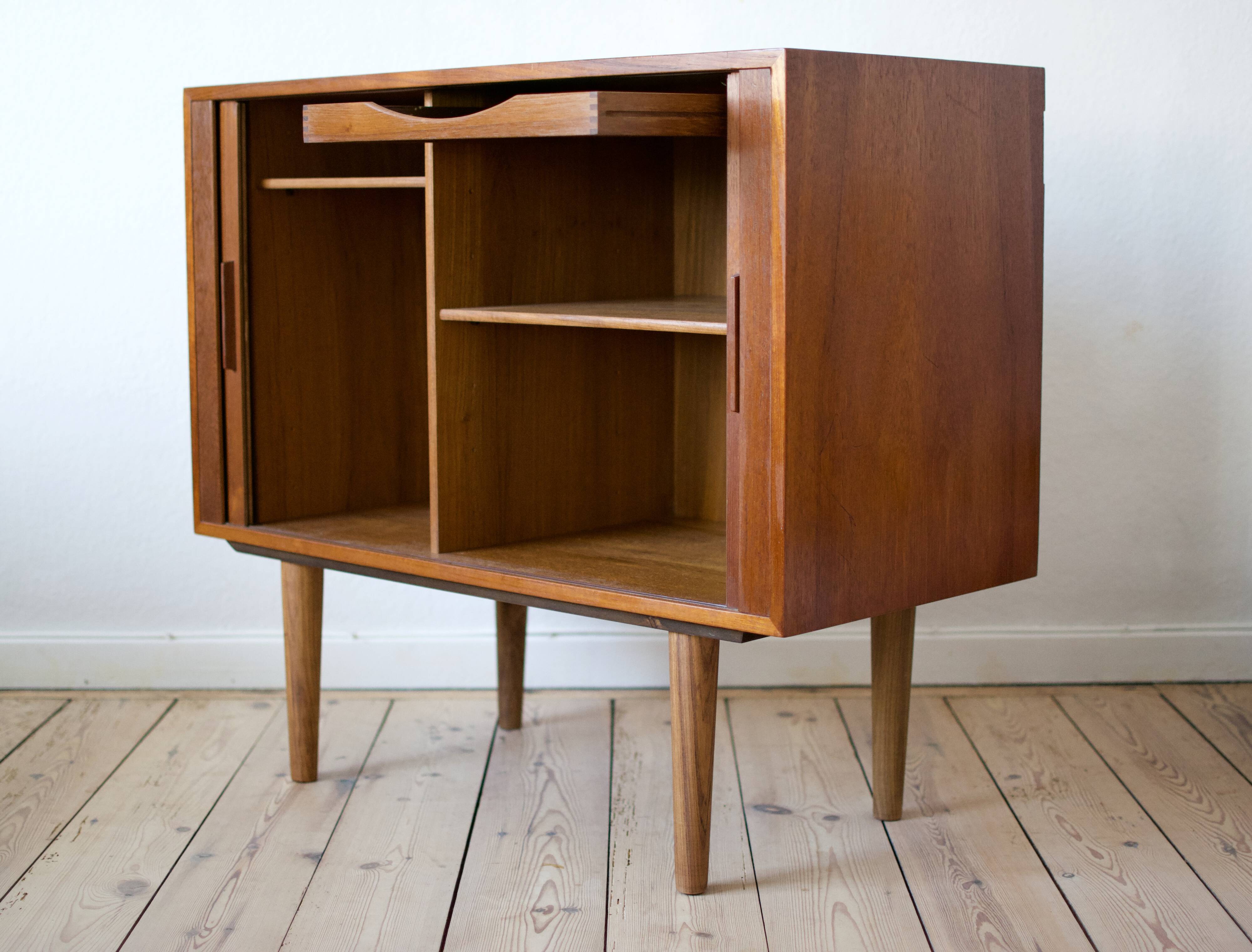 Danish mid century Kai Kristiansen teak tambour door record player cabinet, 1960s