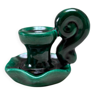 Magnifique bougeoir vintage en barbotine verte – céramique émaillée