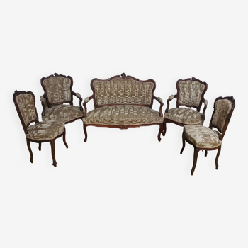 Living room set of Rocaille bench and armchairs in walnut