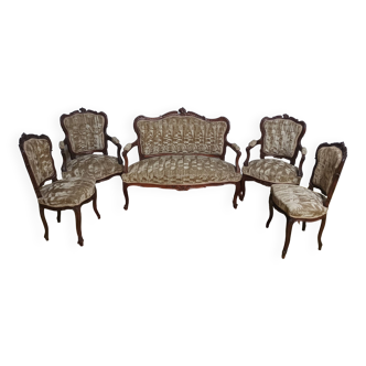 Salon ensemble banquette et fauteuils Rocaille en noyer