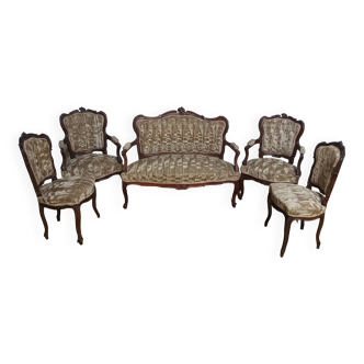 Living room set of Rocaille bench and armchairs in walnut