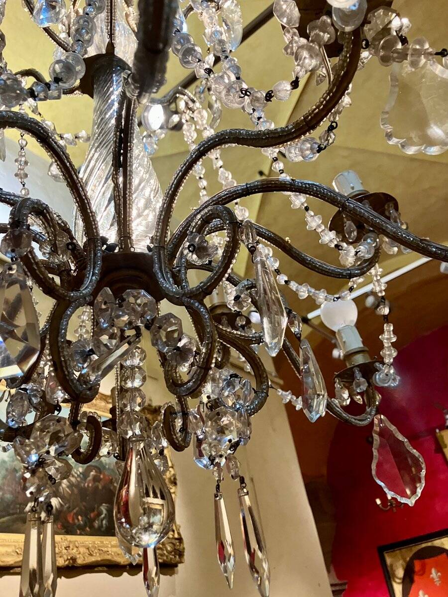 Chandelier en cage en cristal taillé et perles de verre italiennes, années 1800