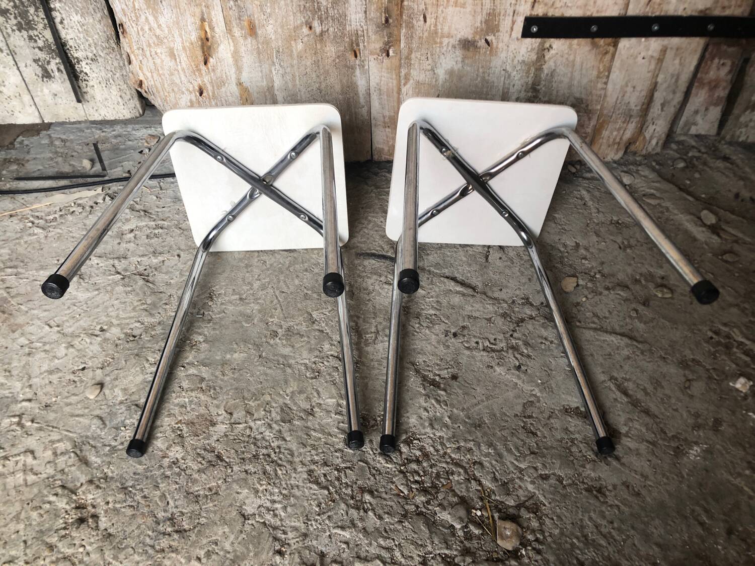 Pair of chromed metal stool + skai seat 1970s vintage