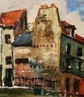Orange painting city landscape signed