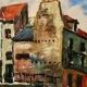 Orange painting city landscape signed