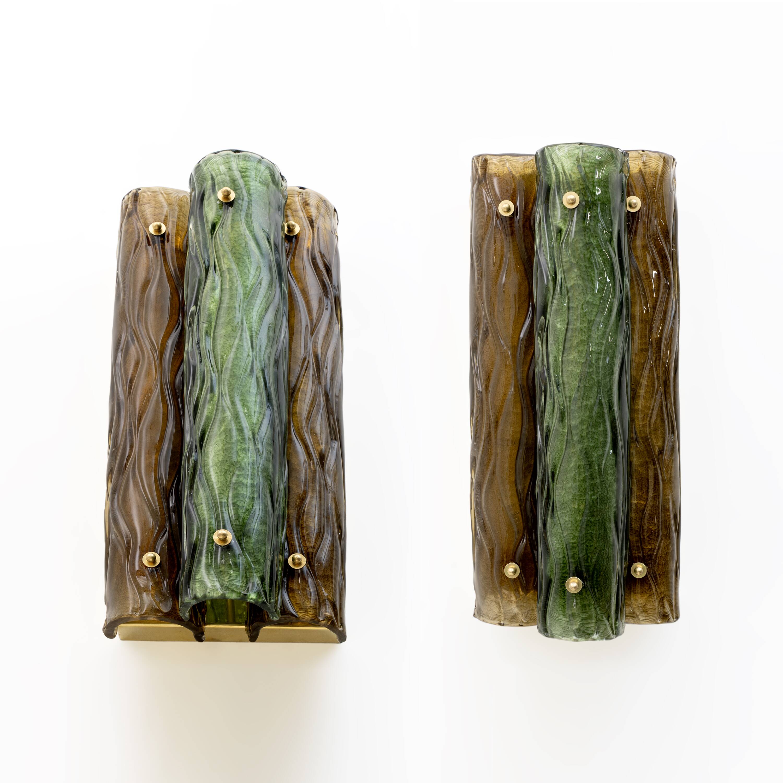 Pair of Modern Amber and Green Murano Glass and Brass Sconces
