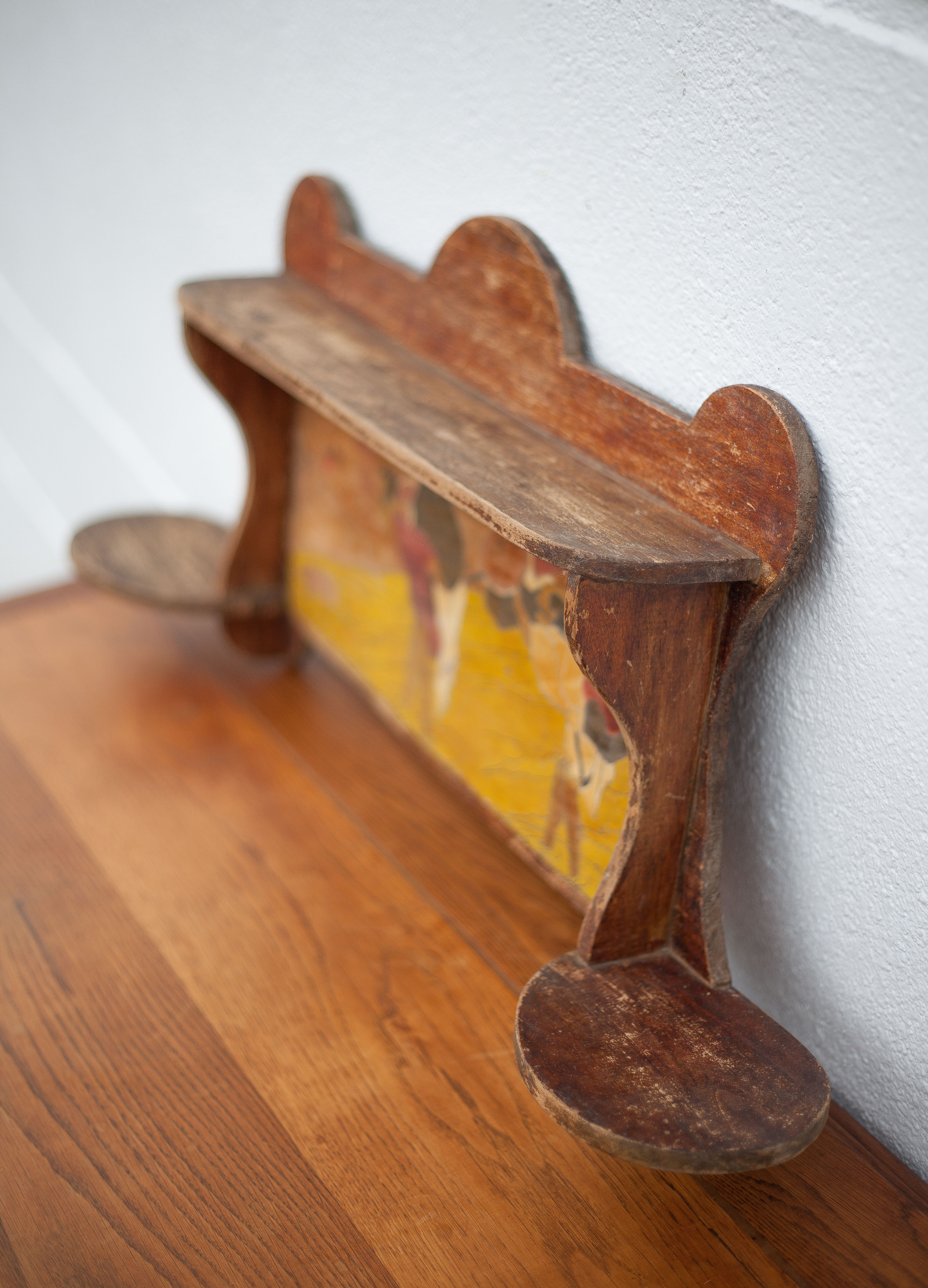 Art nouveau wood shelf, wall shelf with asian scene, antique shelf, interior decoration