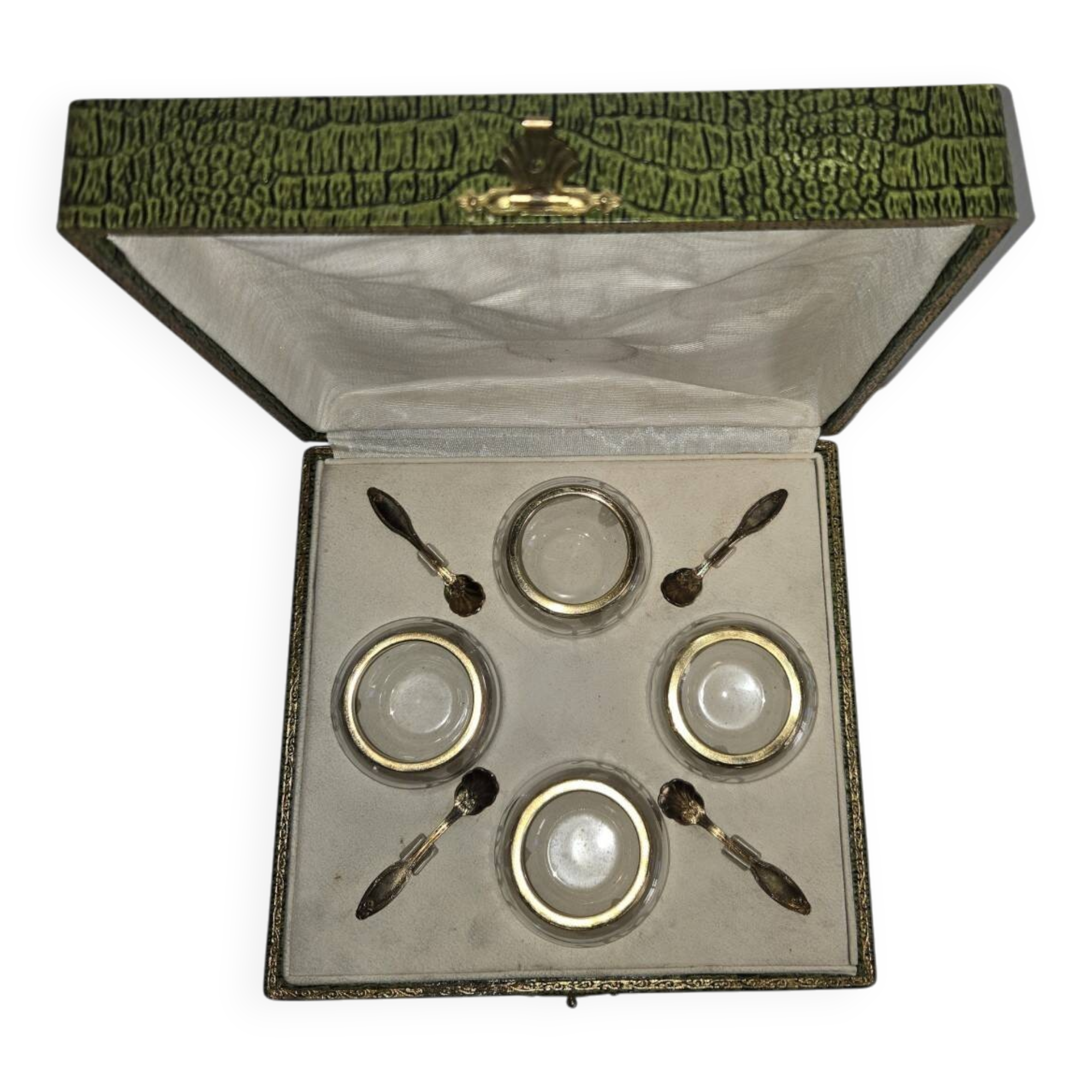 Antique salt cellar set in crystal with spoons – early 20th century