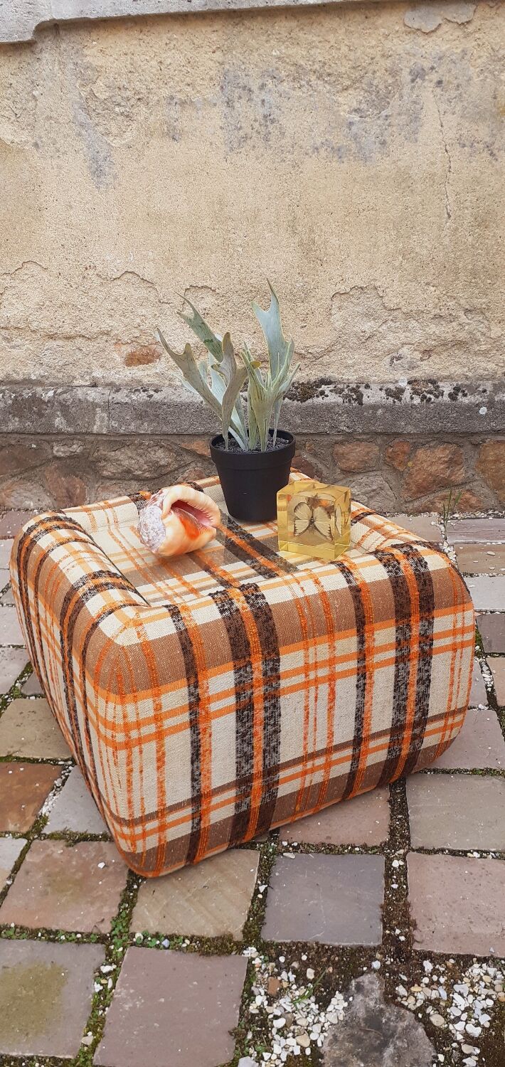 Pair of vintage 70s fabric coffee tables with glass tops